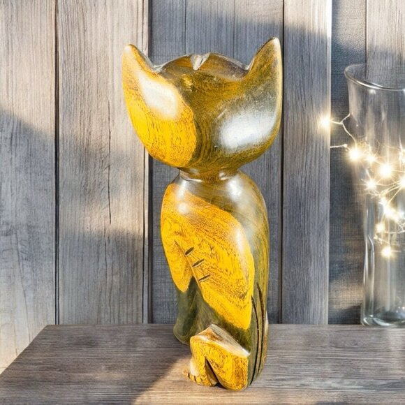Vintage Hand Carved Wood Kitty Cat Sculpture Figurine Hand Made Decor Cat VTG - Picture 2 of 14